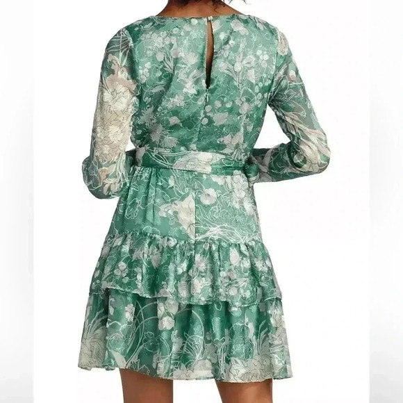 Marchesa Notte Long Sleeved V-neck Tiered Chiffon
Mini Dress in Sage - Picture 4 of 16